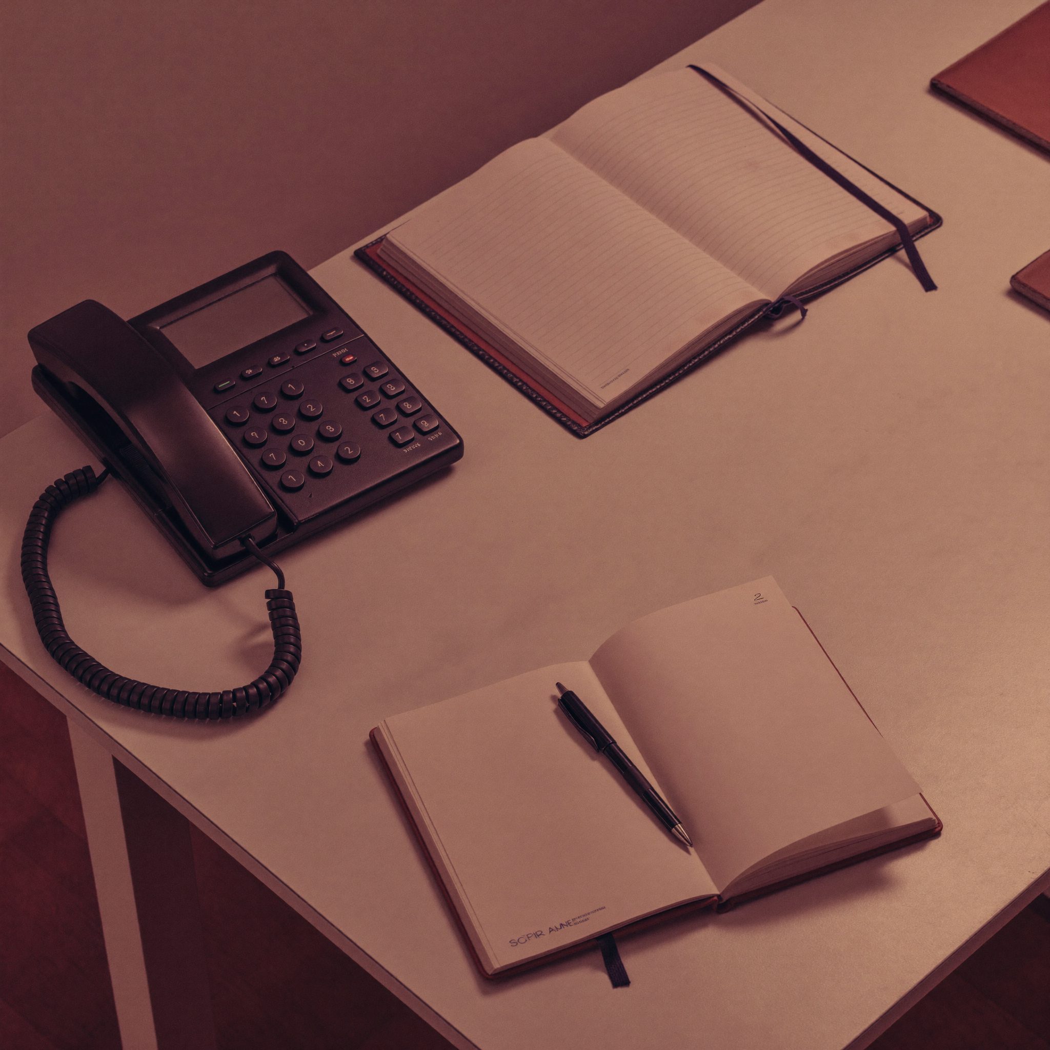Desk with phone and notebook at the Vireta reception, ready for client calls
